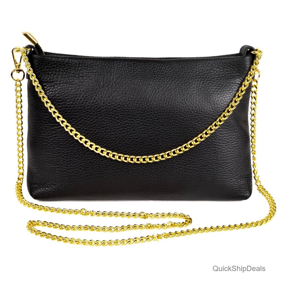 Italian Leather Clutch Evening Bag with Gold Chain Strap Crossbody Purse